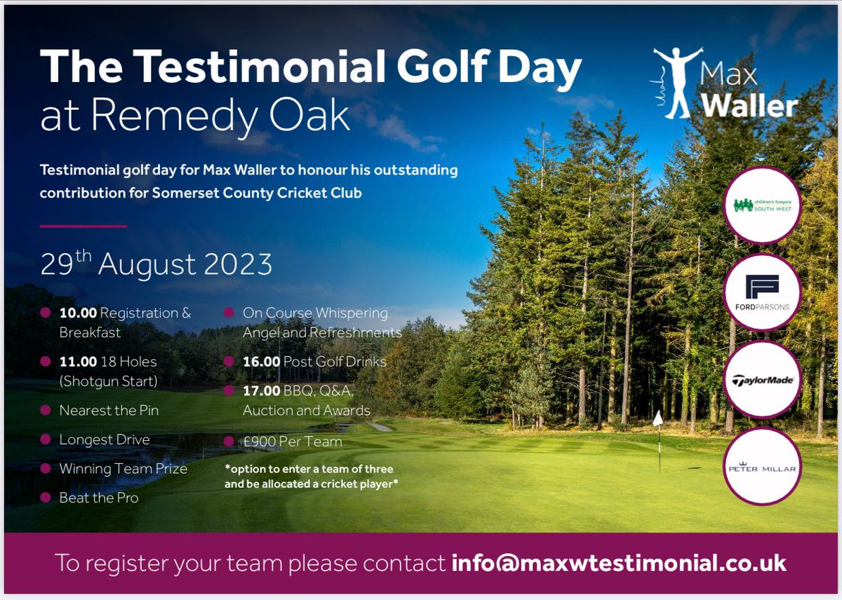 As we are into August now not long to go until this @maxwtestimonial golf day. A great player for @SomersetCCC over the years so if you can support it at a great golf course then please get in touch at the details shown.👍