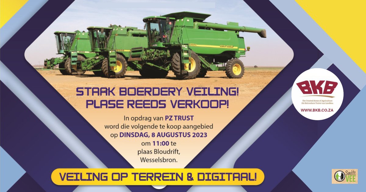 Auction_Finance's tweet image. TRACTOR &amp;amp; IMPLEMENTS AUCTION | 8 AUGUST 11:00 | ow.ly/pfSq30swkwb
Finance Available, contact Lee-Ann Coetzee 076 771 8398 | auctionfinance.co.za
#commercialfinance #auctionfinance #SwiftVEE #bkb
Auth. FSP34936