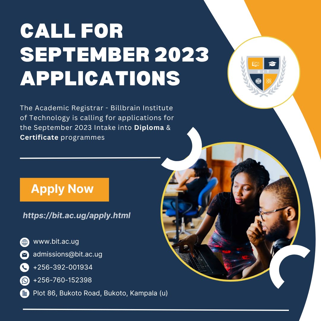 BIT_InstituteUg's tweet image. The Academic Registrar at BIT is calling for applications for the #September 2023 Intake into #Diploma &amp;amp; #Certificate programmes.

Experience world-class affordable convenient learning

APPLY TODAY

📌Online: bit.ac.ug/apply.html
📞 +256-760-152398 
📩 admissions@bit.ac.ug