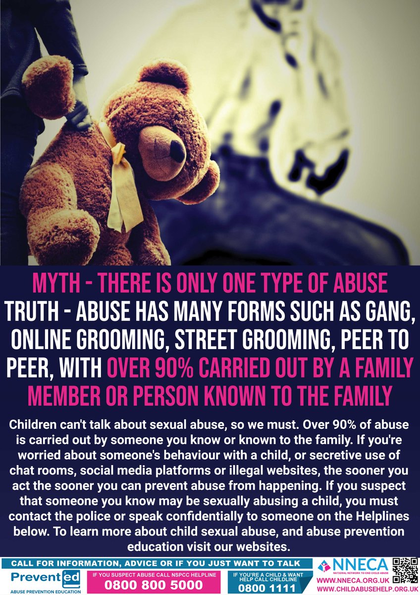 ABUSE HAS MANY FORMS SUCH AS GANG, ONLINE GROOMING, STREET GROOMING, PEER TO PEER WITH OVER 90% CARRIED OUT BY A FAMILY MEMBER OR PERSON KNOWN TO THE FAMILY.
Children can’t talk about sexual abuse, so we have to. #ChildAbuseHelp #OnlineSafety #PreventED nneca.org.uk