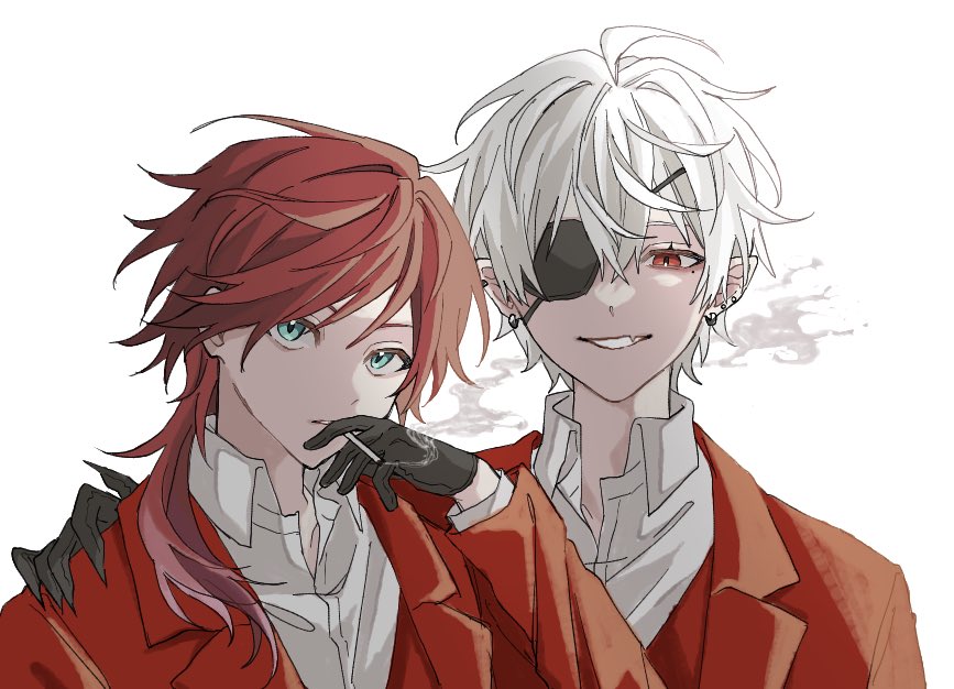 kuzuha (nijisanji) red hair multiple boys 2boys male focus ear piercing piercing red eyes  illustration images