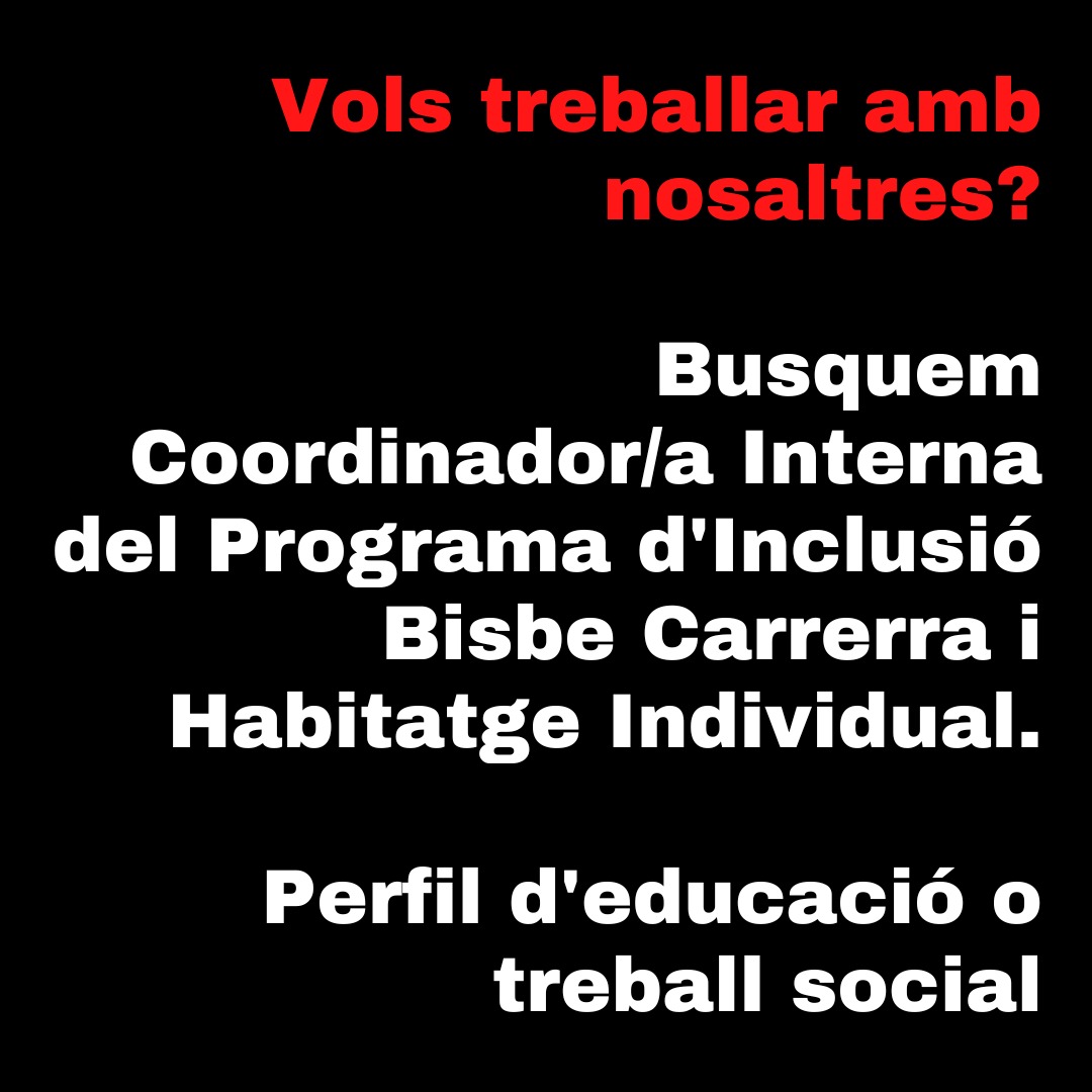 SJD_SS_Bcn's tweet photo. 📣Busques feina en el sector social?
Obrim una convocatòria per portar la coordinació interna del Programa d’Inclusió Bisbe Carrera i el programa d’habitatge individual

Aquí pots consultar la informació detallada de la convocatòria:
https://t.co/in19LRUhLr

#PIBC #Sensellarisme https://t.co/olu10WQnrk