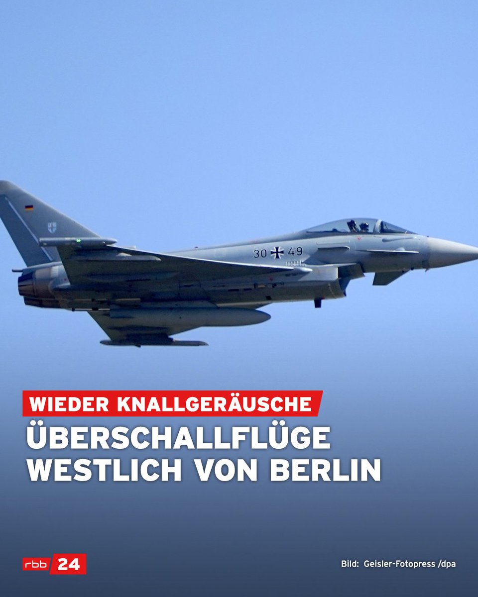 rbb24's tweet image. Am Morgen waren wieder laute Knallgeräusche westlich von Berlin und über Potsdam zu hören. Dabei handelte es sich um erneute Übungsflüge der Luftwaffe, bei denen die Schallmauer durchbrochen wird. Im Laufe des Tages seien weitere Überschallflüge in der Region geplant.