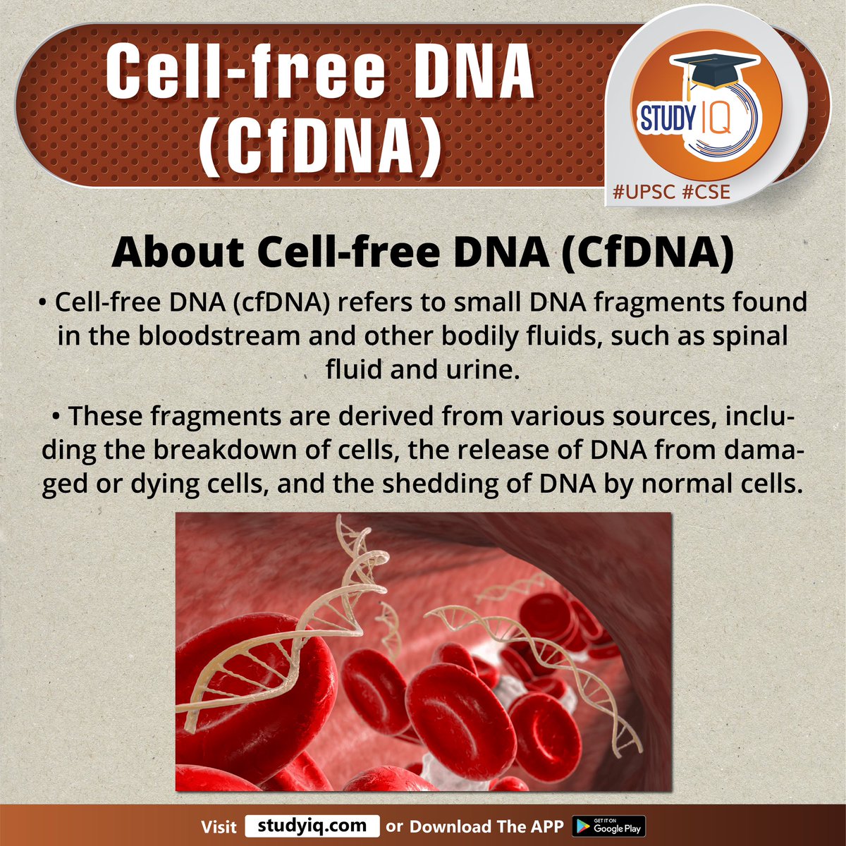 upsciq's tweet photo. Cell-free DNA (CfDNA)
#cellfreedna #dna #diseases #celldna #dnafragments #bloodstream #spinalfluid #dyingcells #normalcells #nipt #diagnosis #treatmentofcancers #naturaltumoursstroke #traumaticbrain #fattyliver #liverdisease #upsc #cse #ips #ias https://t.co/JcLN3d5MUO