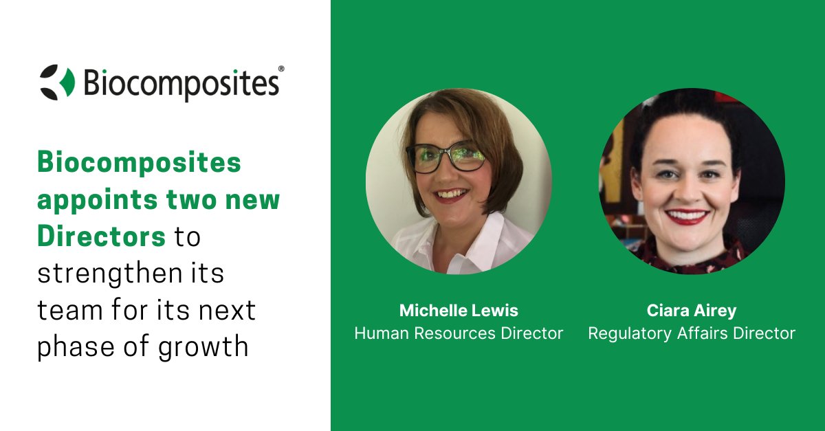Biocomposites1's tweet photo. @Biocomposites1  is pleased to announce the appointment of two new directors - Michelle Lewis as Human Resources Director and Ciara Airey as Regulatory Affairs Director as it strengthens its leadership team.

Read more: https://t.co/Ezsx9Fu1RC https://t.co/NrPtRgNTXg