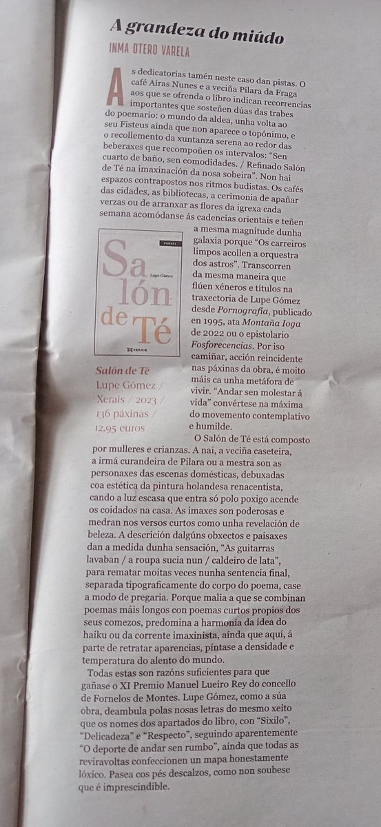 InmaOteroVarela's tweet photo. Unha achega ao "Salón de Té" de Lupe Gómez  (@Xerais). Publicado o sábado pasado no "Sermos" #lupegomez @NosDiario #poesiagalega https://t.co/wKdIqezVSY