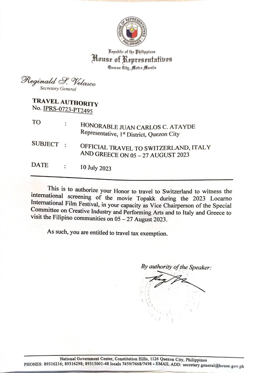 inquirerdotnet's tweet photo. LOOK: House Secretary General Reginald Velasco sent to the Inquirer copies of the travel authority given to Quezon City 1st District Rep. Juan Carlos Atayde. | @GabrielLaluINQ https://t.co/eUo0pyh0SS