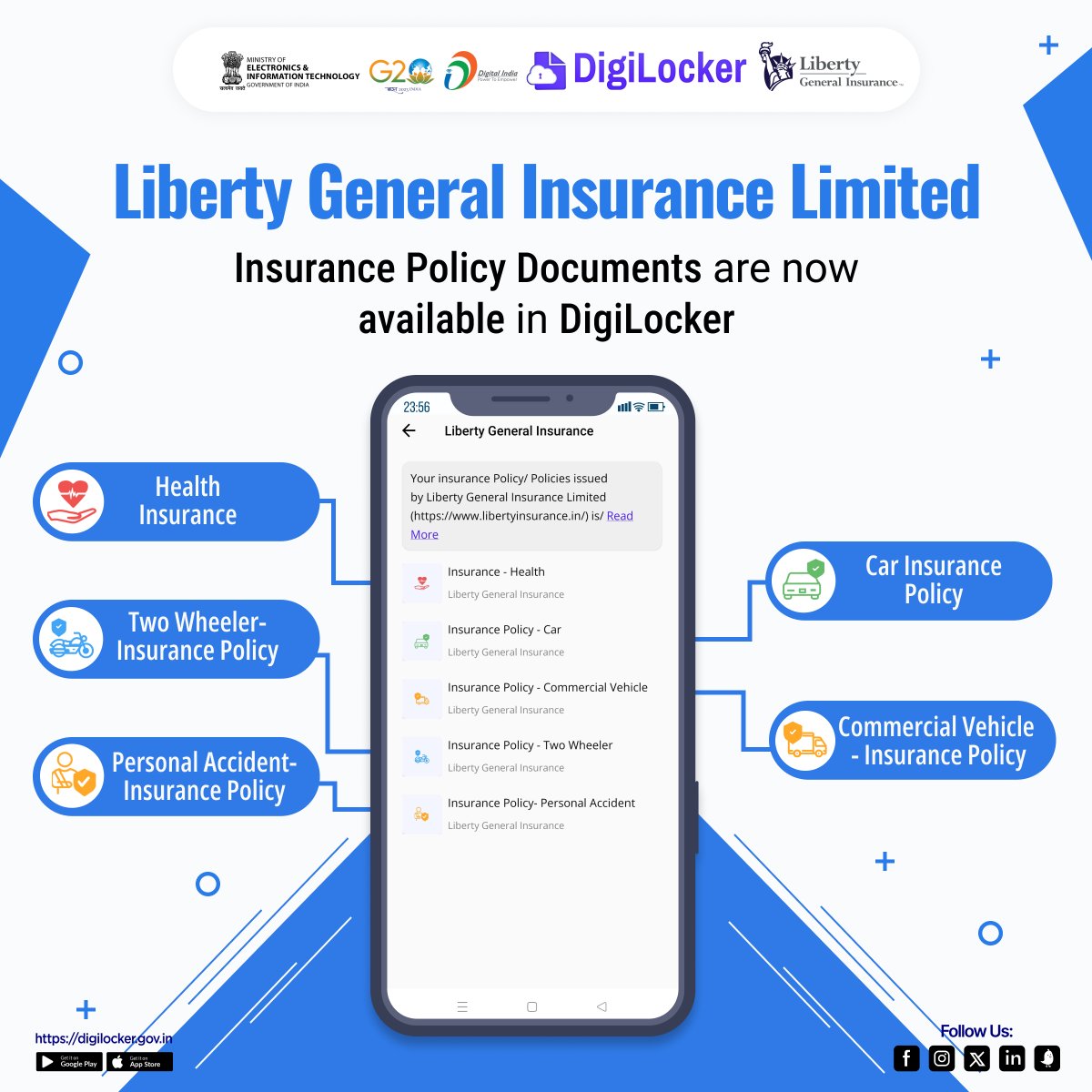 Access your Liberty General Insurance policies hassle-free with DigiLocker! Store and retrieve your Health, Car, Commercial Vehicle, Two Wheeler and Personal Accident policies securely through #DigiLocker app. #LibertyGeneralInsurance #DigitalInsurance