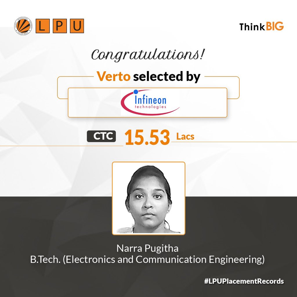 lpuuniversity's tweet photo. LPU https://t.co/NSW7HXorpd. (Electronics and Communication Engineering) student Narra Pugitha has leveraged LPU's #PlacementSupport to secure a promising career at Infineon Technologies with CTC 15.53 Lacs!
#LPUInternationalTieUps #BTechAtLPU #EngineeringAtLPU #EngineersOfIndia https://t.co/jJQf2a5J2n