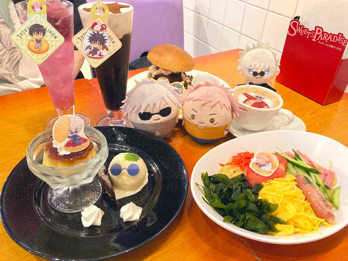 fushiguro megumi ,gojou satoru ,itadori yuuji food cup sunglasses table white hair food focus character doll  illustration images