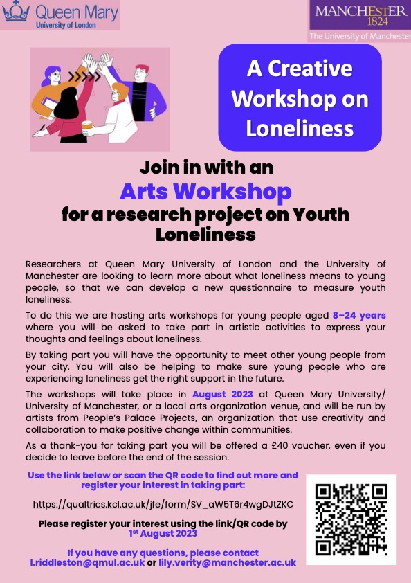 Please share! We are looking for 8-24yr olds to take part in research project involving an arts-based workshop focusing on experiences of loneliness. qualtrics.kcl.ac.uk/jfe/form/SV_aW… Refer questions to l.riddleston@qmul.ac.uk or lily.verity@manchester.ac.uk #research #Arts