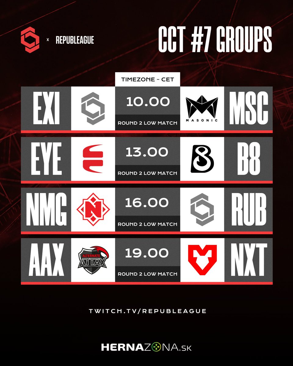 REPUBLEAGUE (@republeague) on Twitter photo Here we go again! Group Stage - Online Series 7
Enjoy: Twitch.tv/REPUBLEAGUE 🙌
<a href="/MasonicGG/">MASONIC</a>
<a href="/EYEBALLERS/">EYEBALLERS</a>
<a href="/B8esportsGG/">B8 Esports</a>
<a href="/nemigagg/">Nemiga Gaming</a>
<a href="/ATNattax/">ALTERNATE aTTaX</a>
<a href="/mousesports/">MOUZ</a>
#CCT #Esports #CSGO Here we go again! Group Stage - Online Series 7
Enjoy: Twitch.tv/REPUBLEAGUE 🙌
<a href="/MasonicGG/">MASONIC</a>
<a href="/EYEBALLERS/">EYEBALLERS</a>
<a href="/B8esportsGG/">B8 Esports</a>
<a href="/nemigagg/">Nemiga Gaming</a>
<a href="/ATNattax/">ALTERNATE aTTaX</a>
<a href="/mousesports/">MOUZ</a>
#CCT #Esports #CSGO