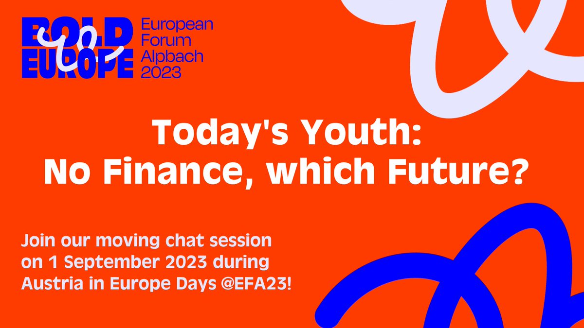 EuropeanForumAlpbach (@forumalpbach) on Twitter photo Don't miss our #EFA23 chat session on the economic challenges of young people!
Join the conversation with <a href="/LeonjWard/">Leon Ward</a>, <a href="/JohannesKopf/">Johannes Kopf</a> and <a href="/riitsalu/">Leonore Riitsalu</a> to explore how inflation, low growth, and low interest rates impact their financial future.
Get your ticket 👉alpbach.org/tickets Don't miss our #EFA23 chat session on the economic challenges of young people!
Join the conversation with <a href="/LeonjWard/">Leon Ward</a>, <a href="/JohannesKopf/">Johannes Kopf</a> and <a href="/riitsalu/">Leonore Riitsalu</a> to explore how inflation, low growth, and low interest rates impact their financial future.
Get your ticket 👉alpbach.org/tickets