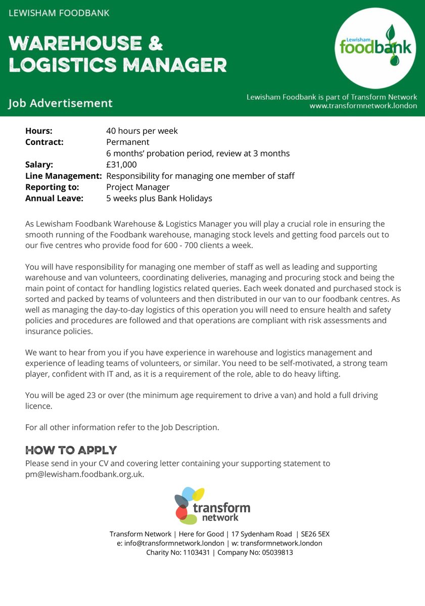 It’s a sad day for Lewisham Foodbank as we say goodbye to Martin, our incredible Warehouse Manager, tomorrow.

So we have a vacancy… could you be the one? Lewisham Foodbank is an incredible place to work with a supportive &amp; fun staff team.

JD: rb.gy/gqna0