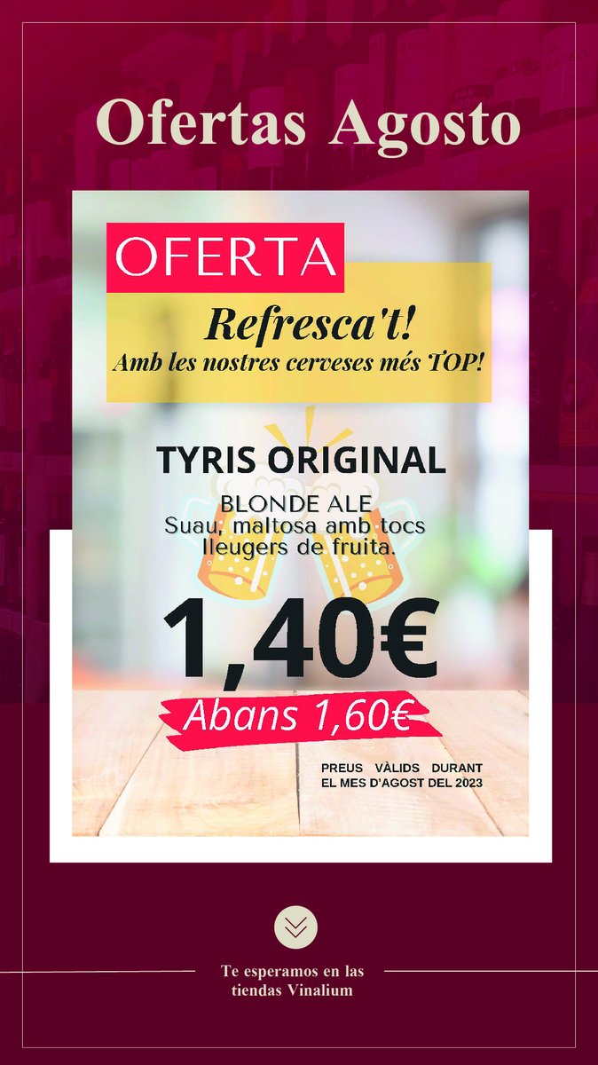 Vinalium1's tweet photo. ¡Agosto es el mes de las ofertas de cerveza! 🍻
👉 Tyris Original - Blonde Ale
👉 Mica Experiencia Salvaje - Barrica IPA
👉 Mica Experiencia Salvaje - Fruit IPA
👉 Mica Experiencia Salvaje - Sense Gluten
#oferta #cerveza #beer #tyris #beercat #mica #Vinalium #vinoteca https://t.co/sDsNYV4RKF