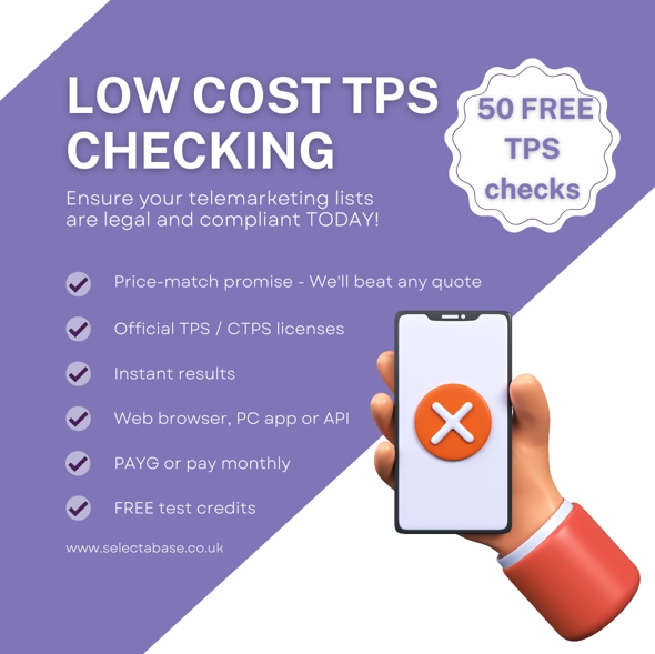 selectabase's tweet image. Avoid unwanted calls and potential fines with EasyCheck from Selectabase, our low-cost service offers TPS and CTPS checking service.
Claim 50 FREE checks today by visiting our website selectabase.co.uk/services/tps-c…
#EasyCheck #TPS #CTPS