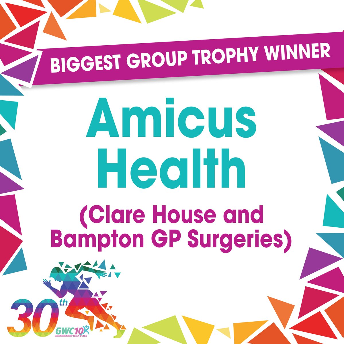 A big round of applause to Amicus Health (Clare House and Bampton GP Surgeries) for emerging victorious and claiming the Trophy for the Most Participants in this year's GWC10k.

Together, we've made a remarkable difference!
