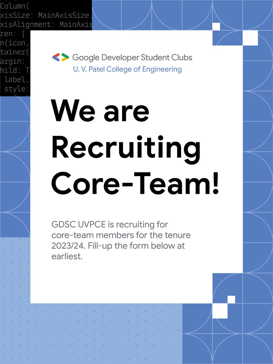gdg_uvpce's tweet photo. We are recruiting for Core-Team Members for 2023/24 tenure!!
Apply Here : https://t.co/s3N724U31W
Last Date to Apply: August 10, 2023
#GoogleDeveloperStudentClubs #GoogleStudent https://t.co/yQGTDSli3O