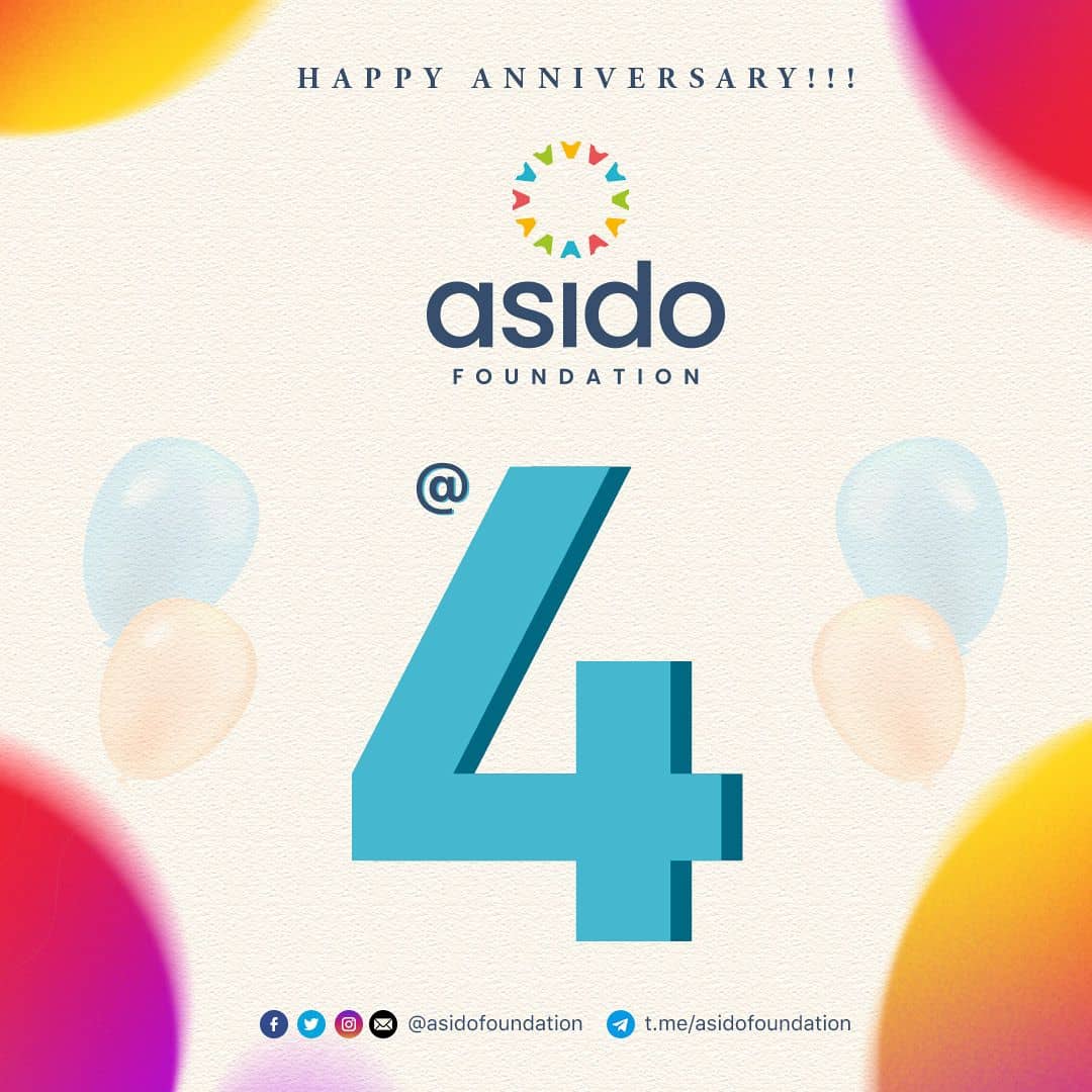 🎉 𝗛𝘂𝗿𝗿𝗮𝘆!!! 𝗔𝘀𝗶𝗱𝗼 𝗙𝗼𝘂𝗻𝗱𝗮𝘁𝗶𝗼𝗻 𝗶𝘀 𝟰!🎉  

🎯Against all odds, Asido Foundation has thrived for 4 years as a beacon of hope in the mental health space. 

We have leaned on the boundless generosity of our community – YOU – in both cash and kind.