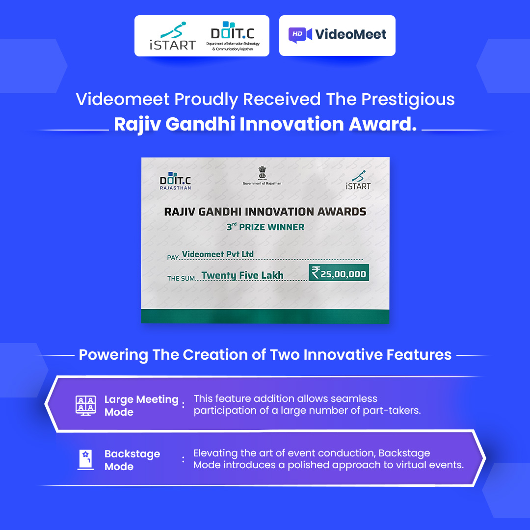 VIDEO_MEET's tweet photo. We are Grateful and Honored! Thank you @istartrajasthan, for Recognizing Our VideoMeet App with a Prestigious Award!

We are delighted to be honored by iStart for our dedication to innovation and excellence in Videomeet! This award led us to the development of 2 new features.   

Videomeet always provides you with the best video conferencing experience possible. 

#VideoMeet #GovernmentofIndia #prestigiousawards #videomeetapp #innovationintechnology #videoconference #virtualcommunication #digitalinnovation