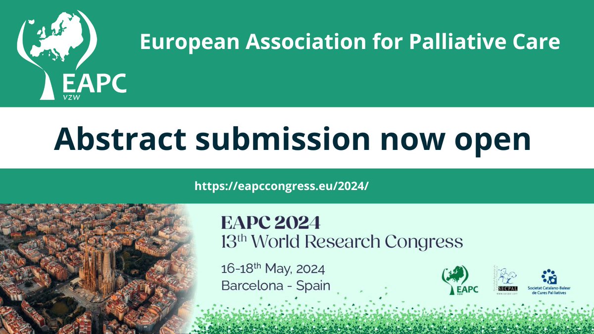 The 13th World Research Congress of the EAPC happens in Barcelona, Spain 16 – 18 May 2024.  Abstract submission is NOW OPEN!  buff.ly/45cMv5g #EAPC2024