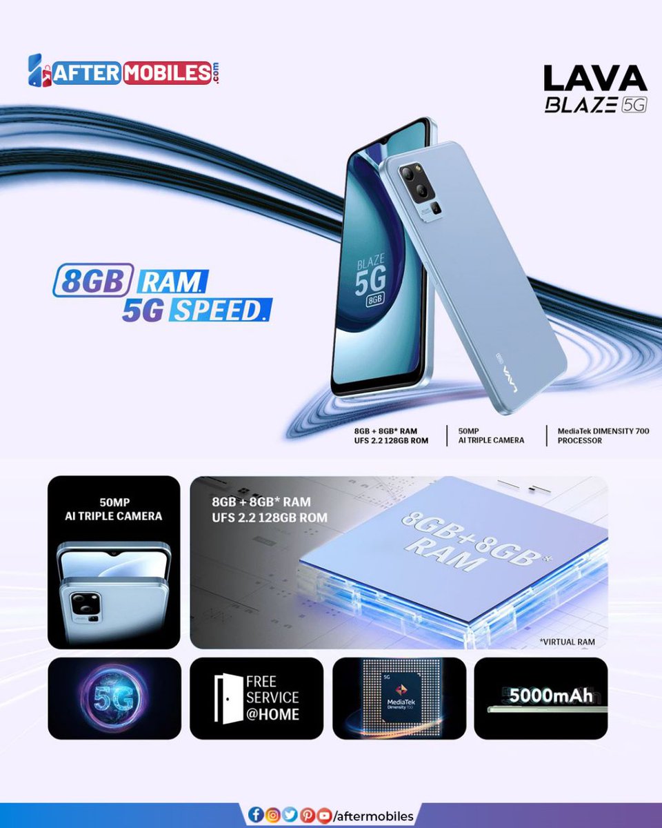 aftermobiles's tweet photo. 📱 LAVA Blaze 5G  📣 Sale today, 12 PM
⚡️ At Rs 12,999
– 5G Speed,  8GB RAM
– UFS 2.2 128GB Storage
⚡️https://t.co/s9OnX0tVAC
#lavablaze8gbram https://t.co/1miJkRtQvH