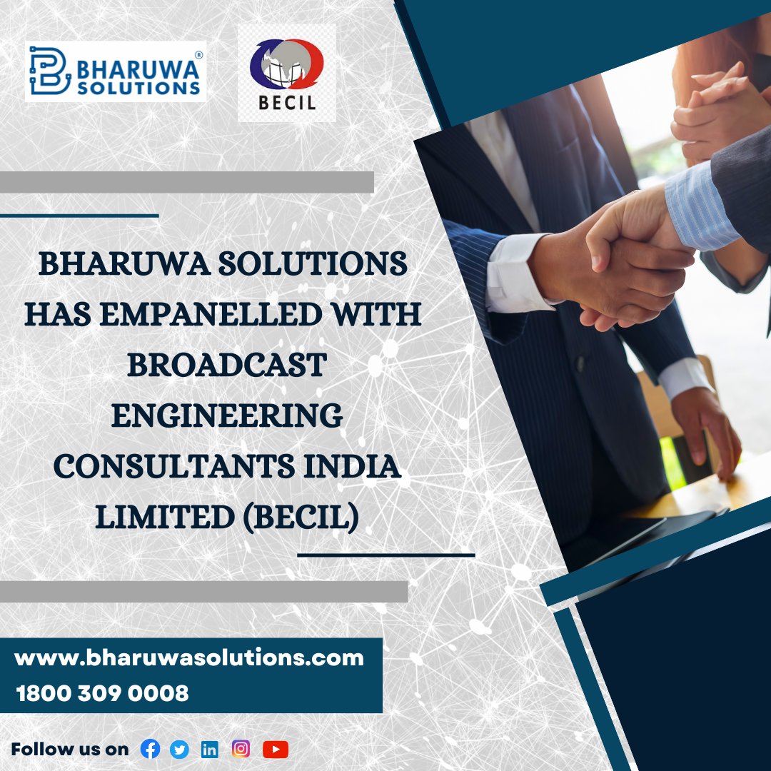 Bharuwa Solutions (India based ISO/IEC 27001:2013, ISO 9001:2015 certified company) pleased to announce that it has been empanelled with Broadcast Engineering Consultants India Limited (BECIL).
#BharuwaSolutions #Empanelment #BroadcastEngineering  #BECIL #Empanel #ITCompany