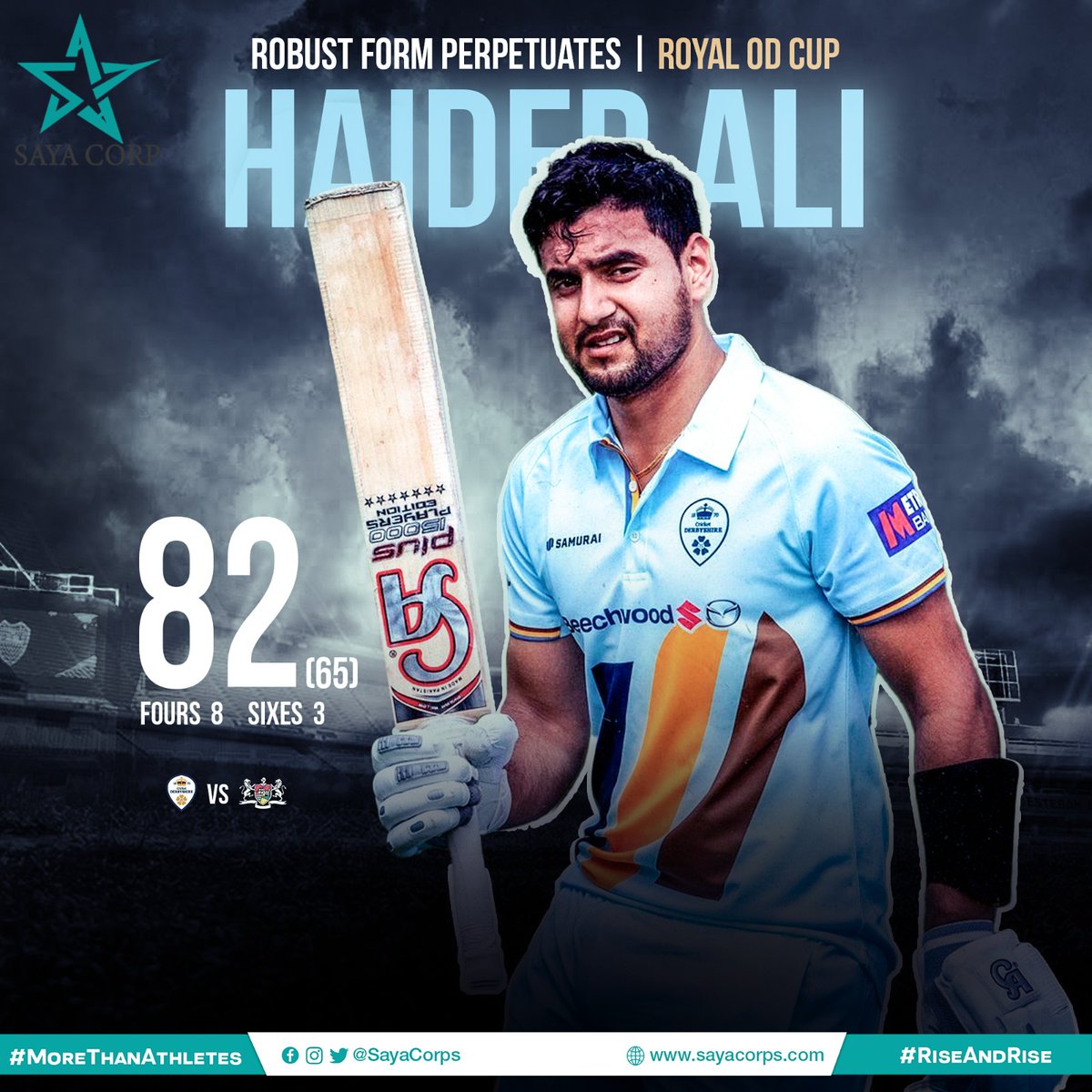 WHAT. A. WAY. TO. START! 🙌🏻

<a href="/iamhaideraly/">Haider Ali</a> kicks off 50 over format with a blistering 8️⃣2️⃣ with 8️⃣ fours &amp; 3️⃣ sixes at a strike rate of 1️⃣2️⃣6️⃣.1️⃣ 🔥

He batted at No.5 for Derbyshire.

#MoreThanAthletes #RiseAndRise #SayaCorporation <a href="/TalhaAisham/">Talha</a>