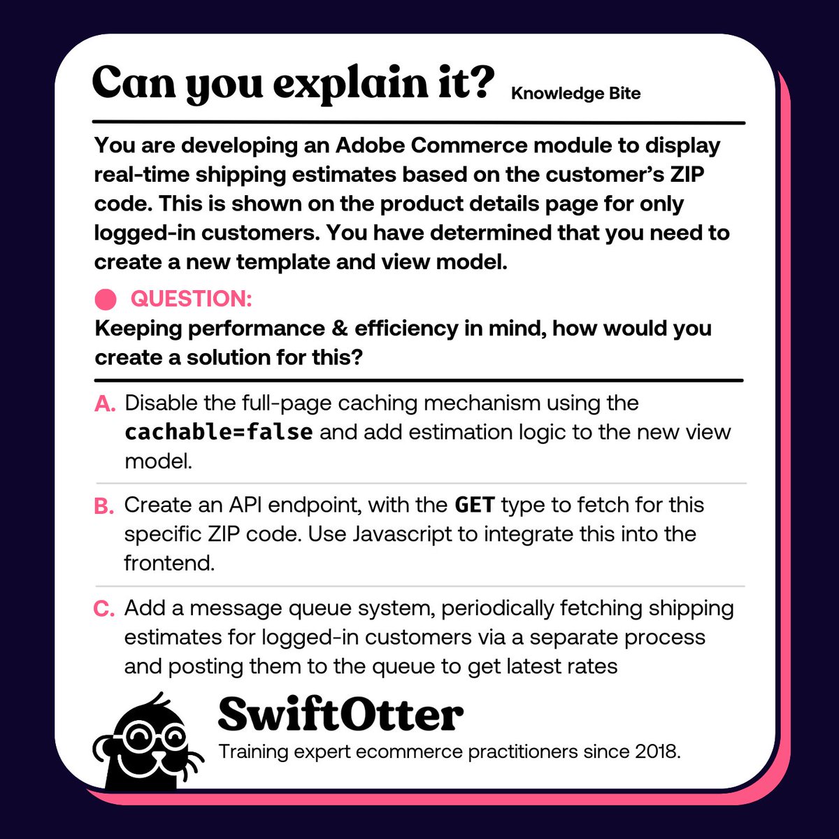 We have a great question from <a href="/mageshishya/">Sarvagya</a> this week.
Keeping performance &amp; efficiency in mind, how would you create a solution for this?
➡️ Reply with your answer and reasoning.

#swiftotter #magento #magentodeveloper #adobecommerce #weeklypracticequestion
