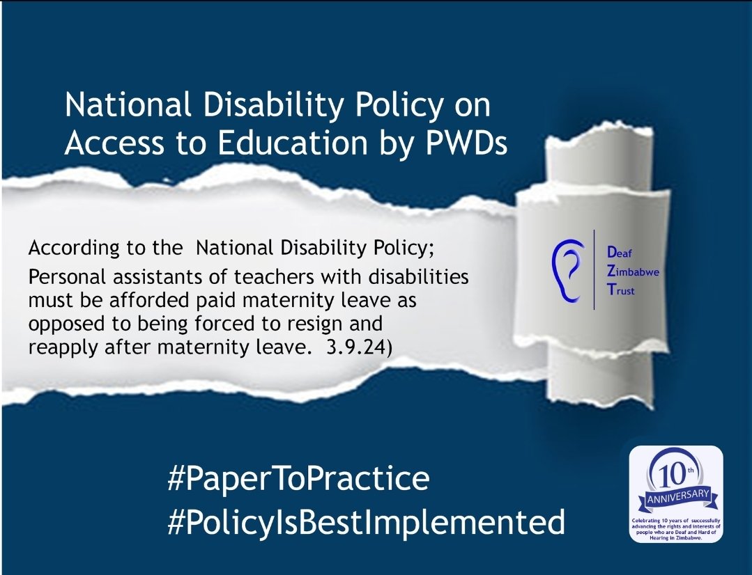 DeafZimTrust's tweet photo. Did you know that according to the National Disability Policy;
Personal assistants of teachers with disabilities must be afforded paid maternity leave as opposed to being forced to resign and reapply after maternity leave. (3.9.24)
#papertopractice
#PolicyIsBestImplemented https://t.co/2bgtpLCvIC