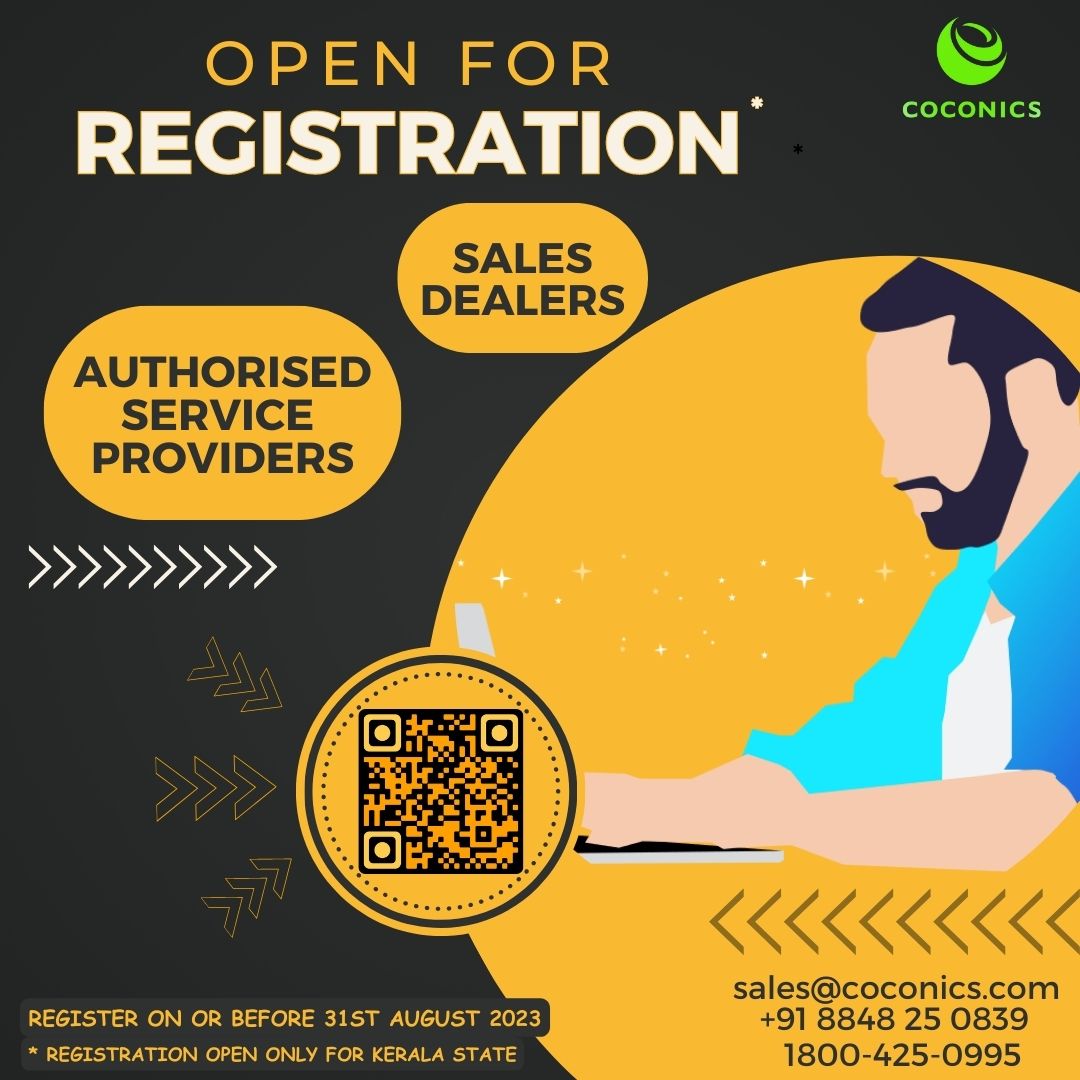 Coconics_india's tweet photo. 🌟 Coconics, delighted to invite Sales Dealers &amp; Authorized Service Providers in Kerala State! 🌟

Registration Form : https://t.co/hKhBleoywK
Last Date : 31/08/2023

Email ID : sales@coconics.com
Mobile/WhatsApp Number : +91 8848 25 0839
Toll Free Number : 1800 425 0995 https://t.co/7UXxG96U8f