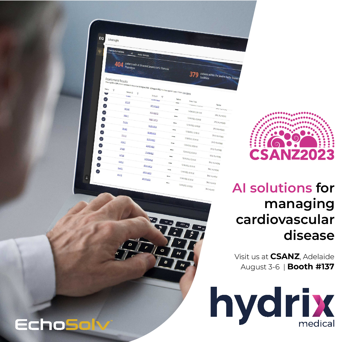 At #CSANZ2023, visit booth 137 to experience EchoSolv, a cloud-based decision support toolset that provides an AI-powered risk assessment of structural heart disease. #ANZET23 #CVD #AI #aiinhealthcare #cardiology #structuralheart #aorticstenosis #healthtechai