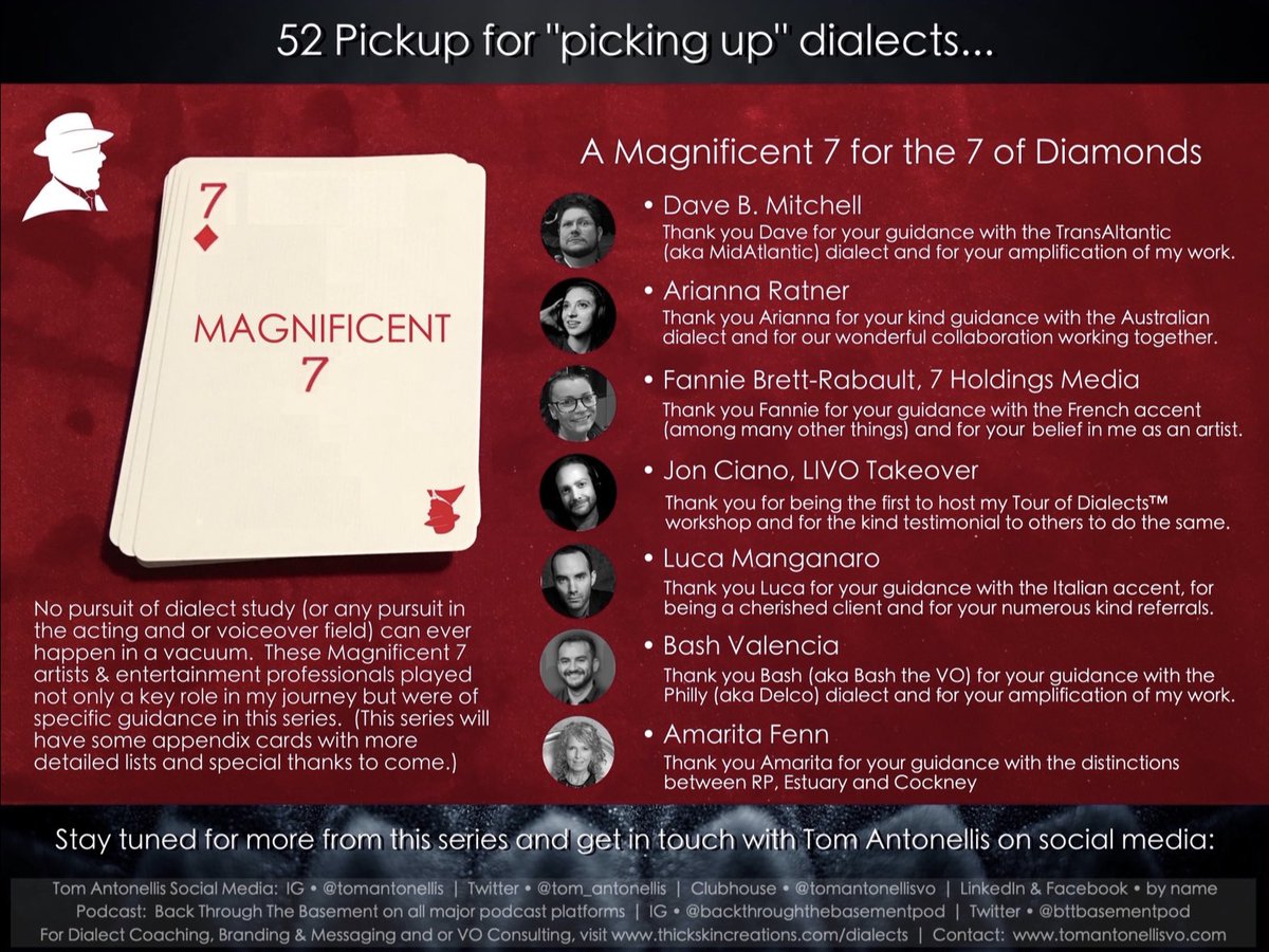 tom_antonellis's tweet photo. 52 Pickup for "picking up" dialects - 46/52 - @tom_antonellis 

#Magnificent7 for the 7 of ♦️

These #artists &amp; #voiceover pro played not only a key role in my own #dialectstudy &amp; #vocareer but were also of specific guidance in this series.

[more in pic, thread &amp; on IG/FB/LIn] https://t.co/GU8c6nIMQI