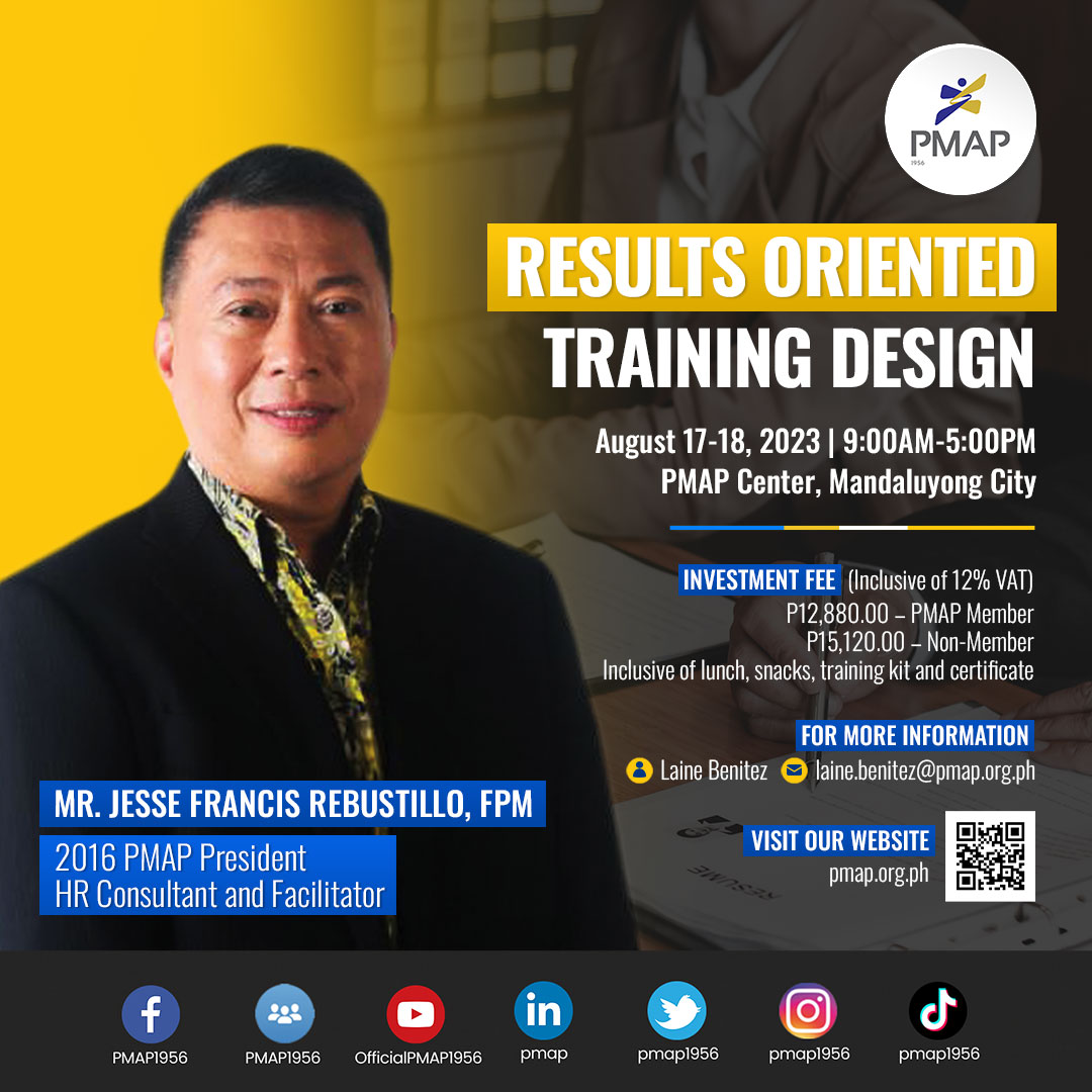 PMAP1956's tweet image. Results-Oriented Training Design 

Please pre-register through this link: pmap.org.ph/training-event…
or email:
Ms. Laine Benitez - laine.benitez@pmap.org.ph

#PMAP #HRWebinar #TrainingDesign #ResultsOriented #HumanResourceManagement