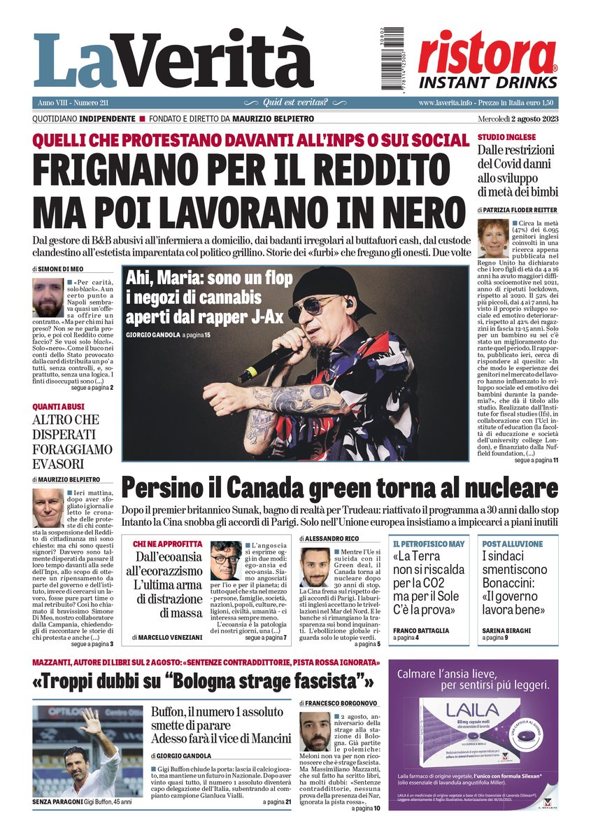LaVeritaWeb's tweet photo. #LaVeritàdioggi
Frignano per il Reddito ma poi lavorano in nero
🗞️ Persino il Canada green torna al nucleare
🗞️ «Troppi dubbi su “Bologna strage fascista”»
🗞️ Ahi, Maria: sono un flop i negozi di cannabis aperti dal rapper J-Ax
https://t.co/ywWcjUyacQ https://t.co/RFRR0A29Lx