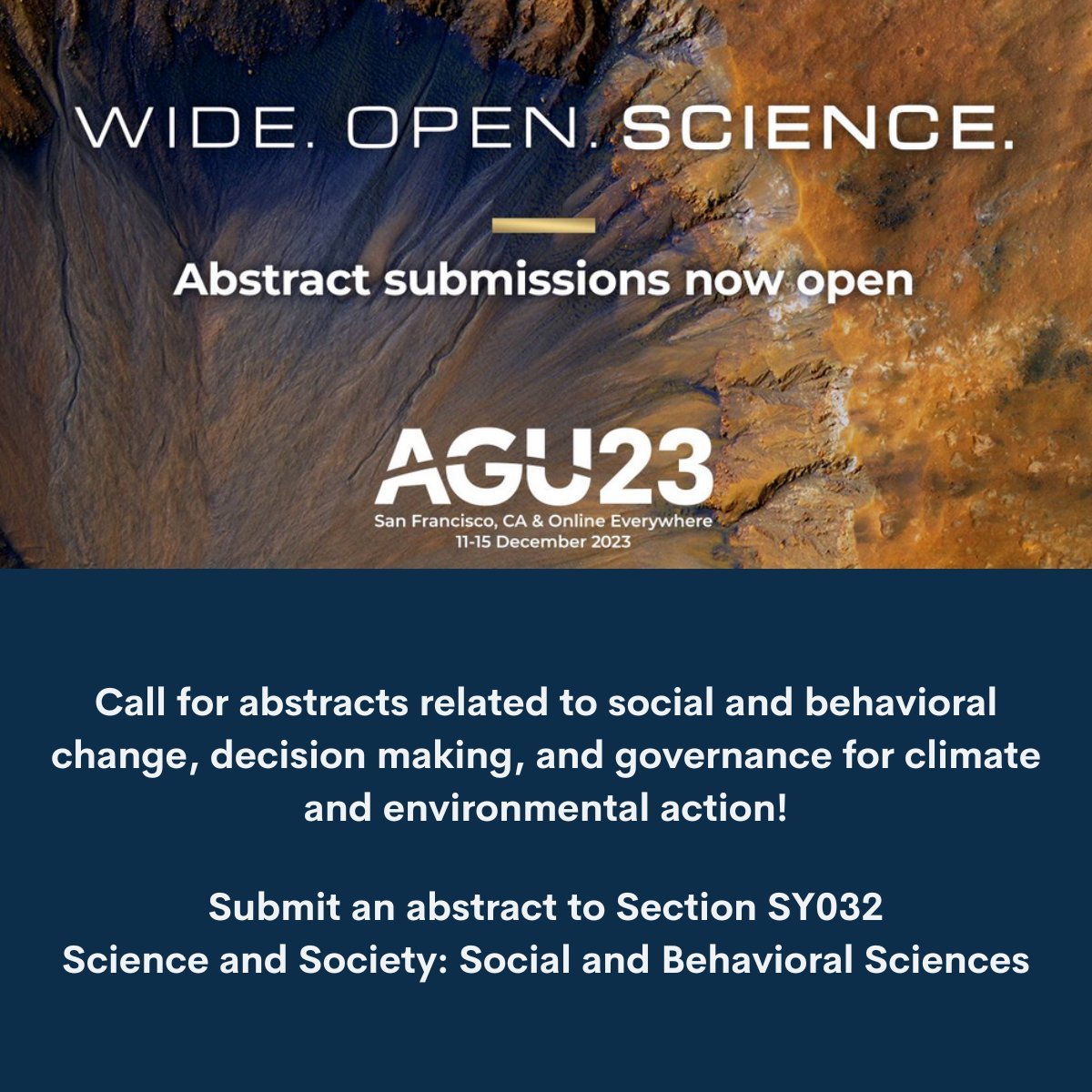 #AGU23 abstracts are due in < 24 hours!!! <a href="/haley_crim/">Haley Crim</a> @abamzaidodson @chrishtweet and I would love to see another great soc &amp; behav sciences session, so do send in your abstracts agu.confex.com/agu/fm23/preli… 
See also the other amazing <a href="/AGUSciSociety/">AGU Science & Society (SY)</a> sessions agu.confex.com/agu/fm23/preli…