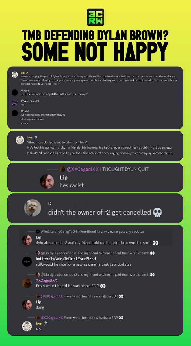 3CountRoNetwork's tweet photo. 3CRW || TMB defends Dylan Brown? Some not happy.

TMB, since the announcement, has taken the time to defend “very controversial figure” Dylan Brown. Some don’t think it’s a good idea. What are your thoughts? https://t.co/bFpW9sGjY6