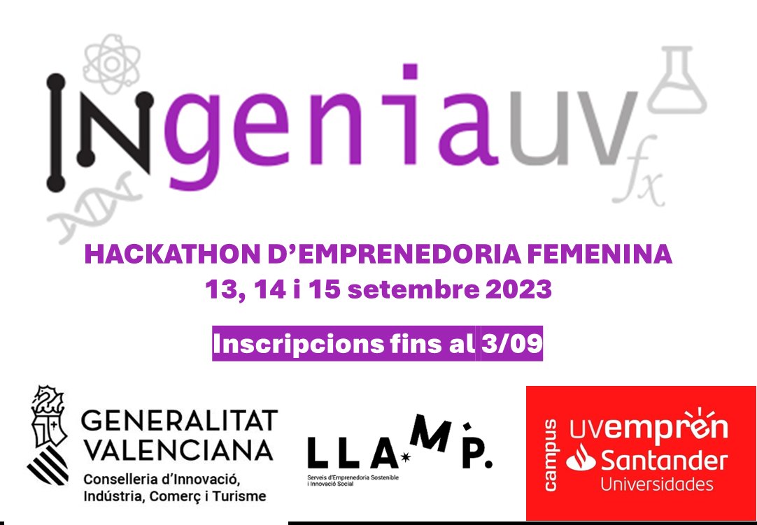 UVempren_'s tweet image. ♀️  🅰️punta't i podràs participar en setembre en el programa d'#EmprenedoriaFemenina #IngeniaUV, patrocinat per la @generalitat #LLAMP #5UCV i @SantanderUni_ES amb 6️⃣0️⃣0️⃣0️⃣ euros per als PREMIS "Dona Emprenedora"
🎯 Estudiant de grau, màster i doctorat 
uv.es/uv-empren/ca/n…