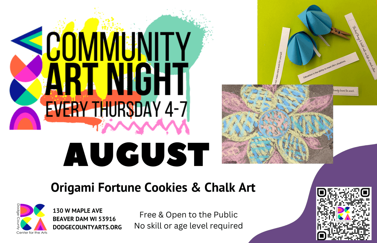 dodgecountyarts's tweet image. In August we will work on origami fortune cookies and will have chalk available for a little creative decorating of our parking lot.   Free! No age or skill level required. Just drop in!

#dcca #communityartnight #opentoeveryone