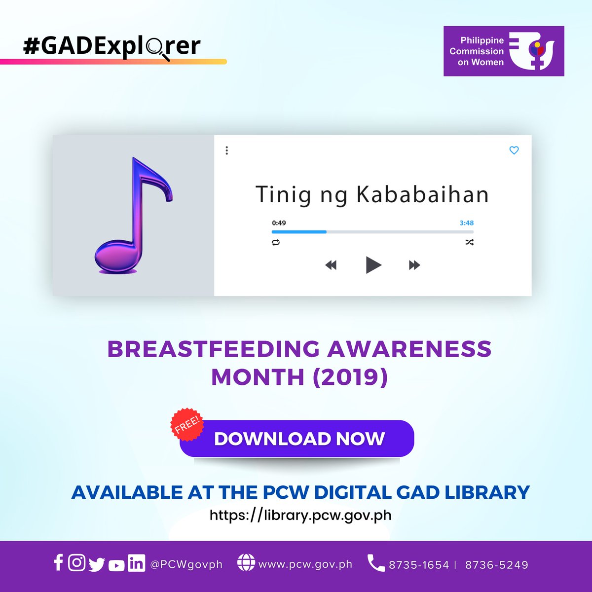 PCWgovph's tweet photo. #GADExplorer | Tinig ng Kababaihan: Breastfeeding Awareness Month (2019)
You may download a copy for ππ₯ππ on #PCWDigitalGADLibrary at
https://t.co/r5gDRHb093
May tanong tungkol sa GAD? #iSearchaGAD sa https://t.co/dpSvRGNcyL https://t.co/7LQi7PWltv