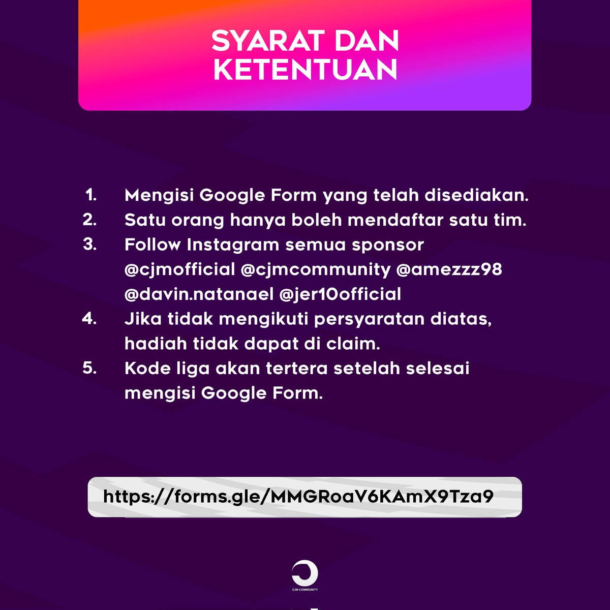 cjmcommunity's tweet photo. Fantasy Premier League by CJM Community 2023-2024

Ikuti syarat dan ketentuan yang berlaku dan bergabunglah secara gratis ke CJM Community League hanya dengan mengisi Google Form yang telah disediakan (https://t.co/mlpE4UO8Sh) atau klik di bio Instagram dan twitter CJM Community. https://t.co/ngRGEspbMB
