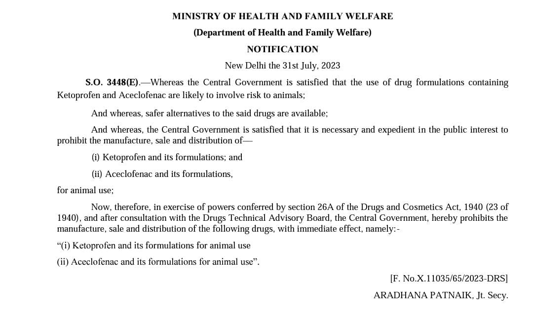 Prohibition of Veterinary Drugs Ketoprofen and its formulation and Aceclofenac its Formulation.
#ketoprofen 
#Aceclofenac 
#drug 
#veterinary