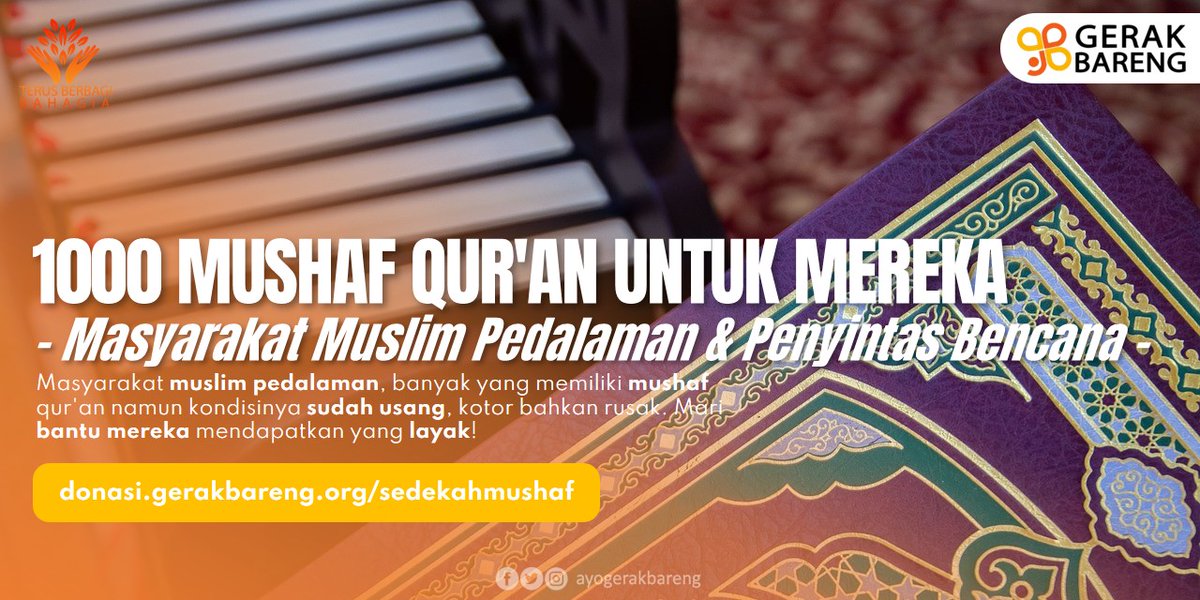 Mushaf qur'an masyarakat muslim pedalaman, banyak yg sudah usang bahkan rusak hingga beberapa huruf tak terbaca. Hal ini bisa merusak arti dari bacaan qur'an tersebut.

Yuk ikutan 'Sedekah Mushaf' untuk masyarakat muslim disana! Klik ➡️ donasi.gerakbareng.org/sedekahmushaf #sedekahmushaf