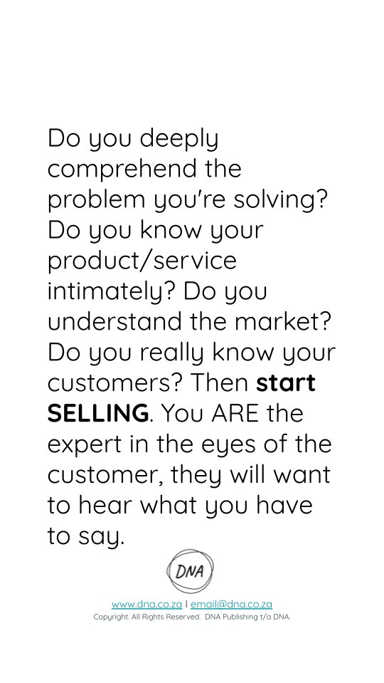 DNABusinessZA's tweet photo. Why is it that founders avoid selling, sometimes even outsourcing sales to others?  You ARE the best advocate for your business.  There IS no business without sales and it starts with YOU!  Go out there are start recruiting customers, today.  https://t.co/Zykmu1OSuQ https://t.co/JdQIJJKF4o