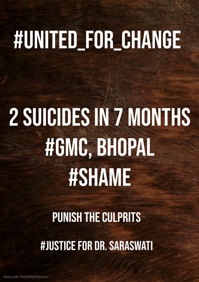 #unitedforchange
#justiceforDrSaraswathi 
#GMCBhopal
#shame 
#unhealthy workspace
#murder 
@jdabhopal @jda_ug