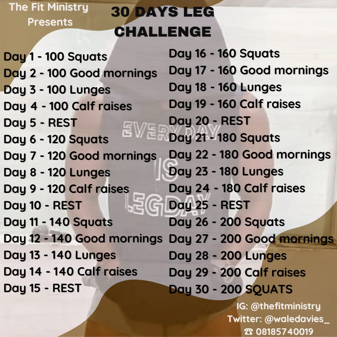 waledavies_'s tweet photo. ROUTINES FOR THE LEG CHALLENGE π₯π
Day 1π
Pro Tip;
1. Break the workout for each day into sets, don't try to do the number all at once.
2. Use eternal weights if you can access them.
#NoJunkChallenge
#EverydayIsLegDay
#BuildABetterVersionOfYou
#OneDayOneStep
#TheFitMinistry https://t.co/vj47KVgaVo