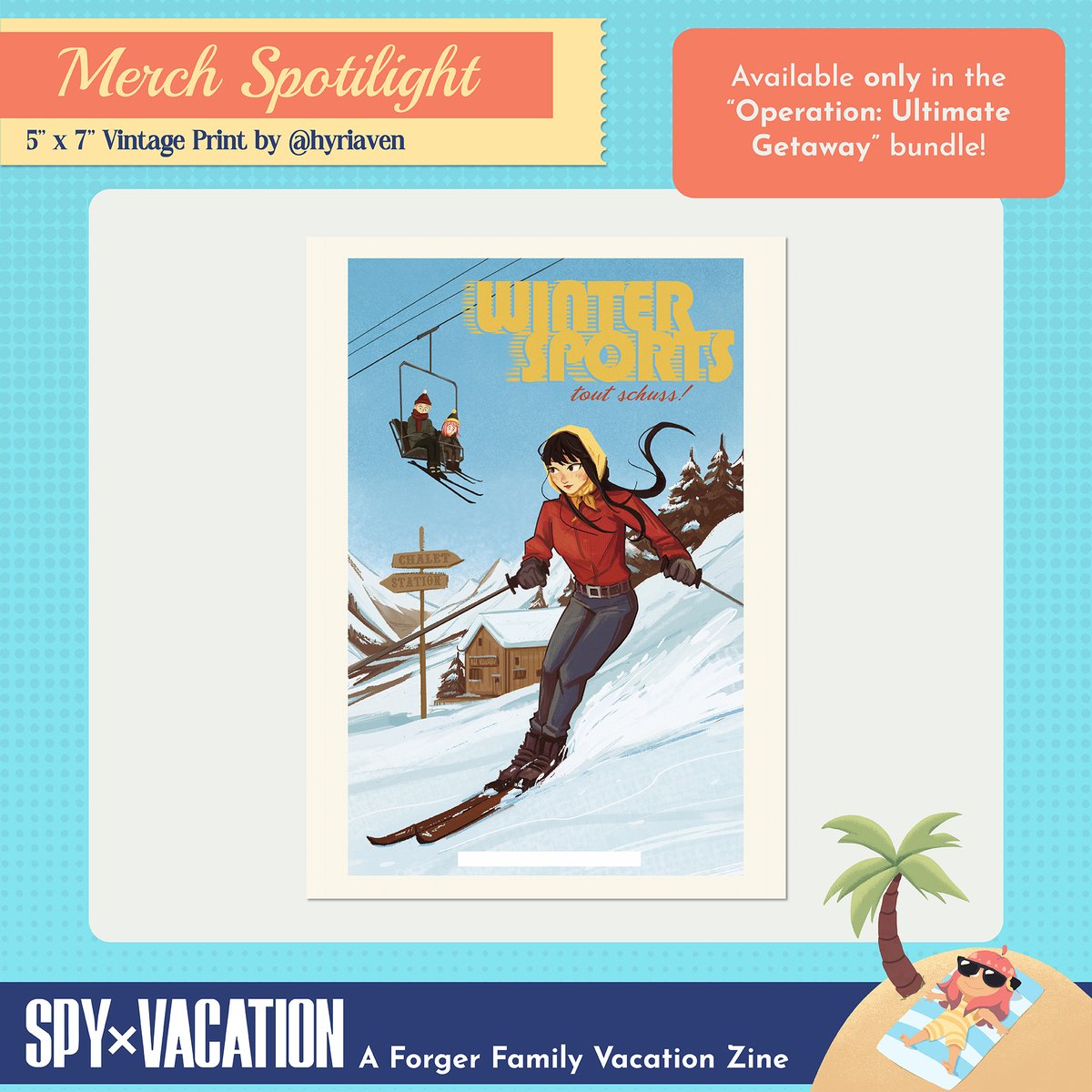 spyxvacation's tweet photo. NOW BOARDING... a deluxe 5" x 7" vintage print by @hyriaven! Yor looks absolutely stunning as she hits the equally-stunning slopes! 

This item is available only in the "Operation: Ultimate Getaway" bundle! Pre-order before August 19th to secure yours! https://t.co/0DtDfGsRJs