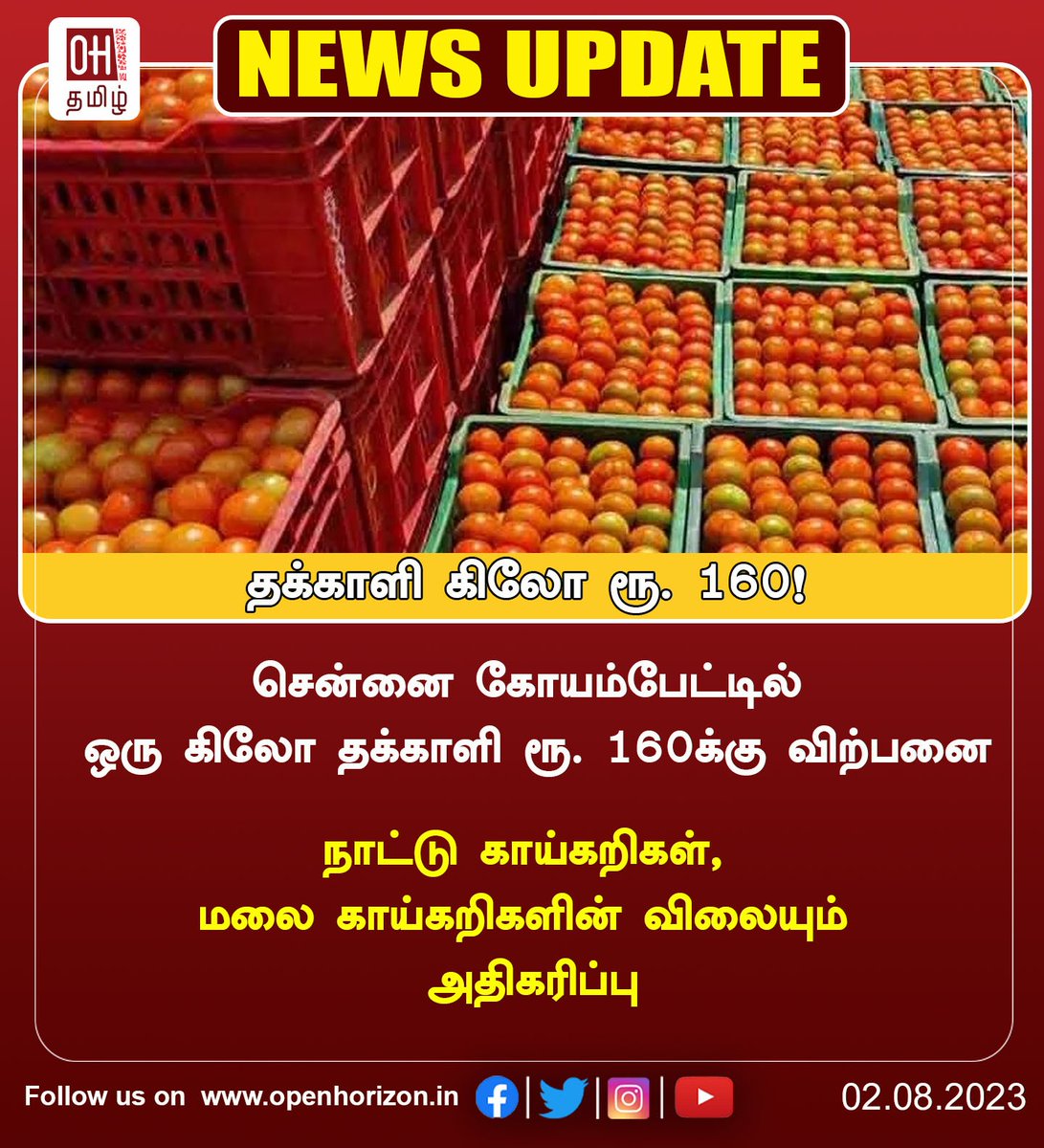 ohtamil's tweet photo. சென்னை கோயம்பேட்டில் தக்காளி விலை ரூ.160.

#Tomatoprice #Chennai #CMBT  #Rs160 #OHtamil https://t.co/78S4noJdPe