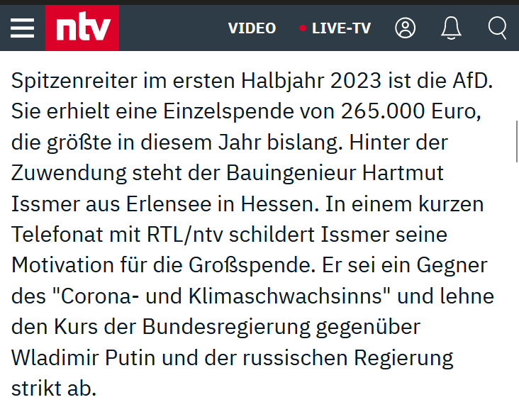 unzulaenglich's tweet photo. Die größte Einzelspende einer Partei hat dieses Jahr bisher die AfD bekommen. Von einem Unternehmer aus Hessen. Die Annahme liegt nahe, daß ihn sein bisheriges Russlandgeschäft in die Lage versetzt hat, Spenden dieser Größenordnung zu vergeben. https://t.co/N4YeRupXxO