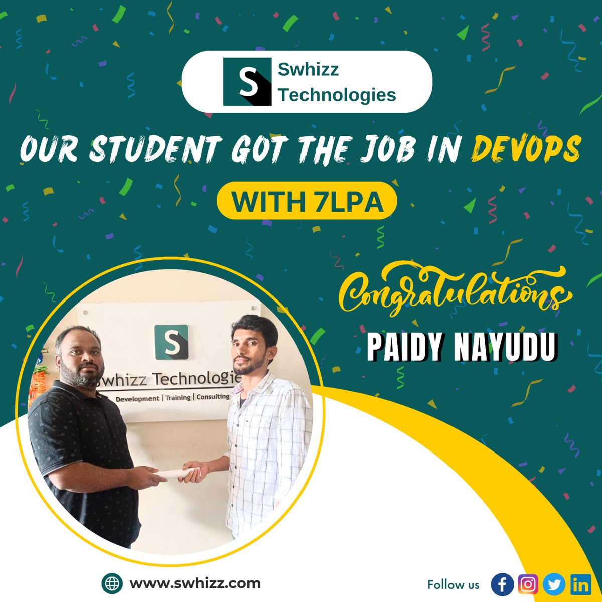 Swhizzofficial's tweet photo. Hai guys...
We have good news Today..🥳💐

Our student Paidy Nayudu has got the Job in DevOps Engineer with 7LPA💐💯

Congratulations 🎉👏👏 from Swhizz Technologies 🎉🎉

Join with us to be part of successful career.

#successfulcarrer #devops #DevOps #DevOps_Coaching https://t.co/hCKej0Buw4